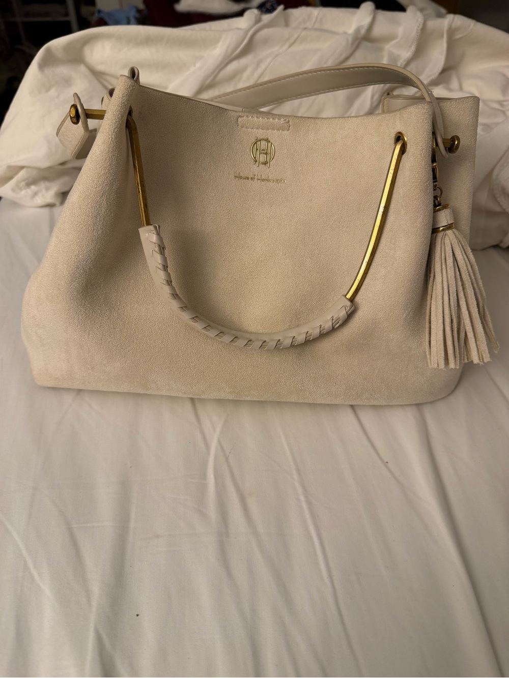House of Harlow 1960 Cream faux Suede Tote Bag with Gold Accents